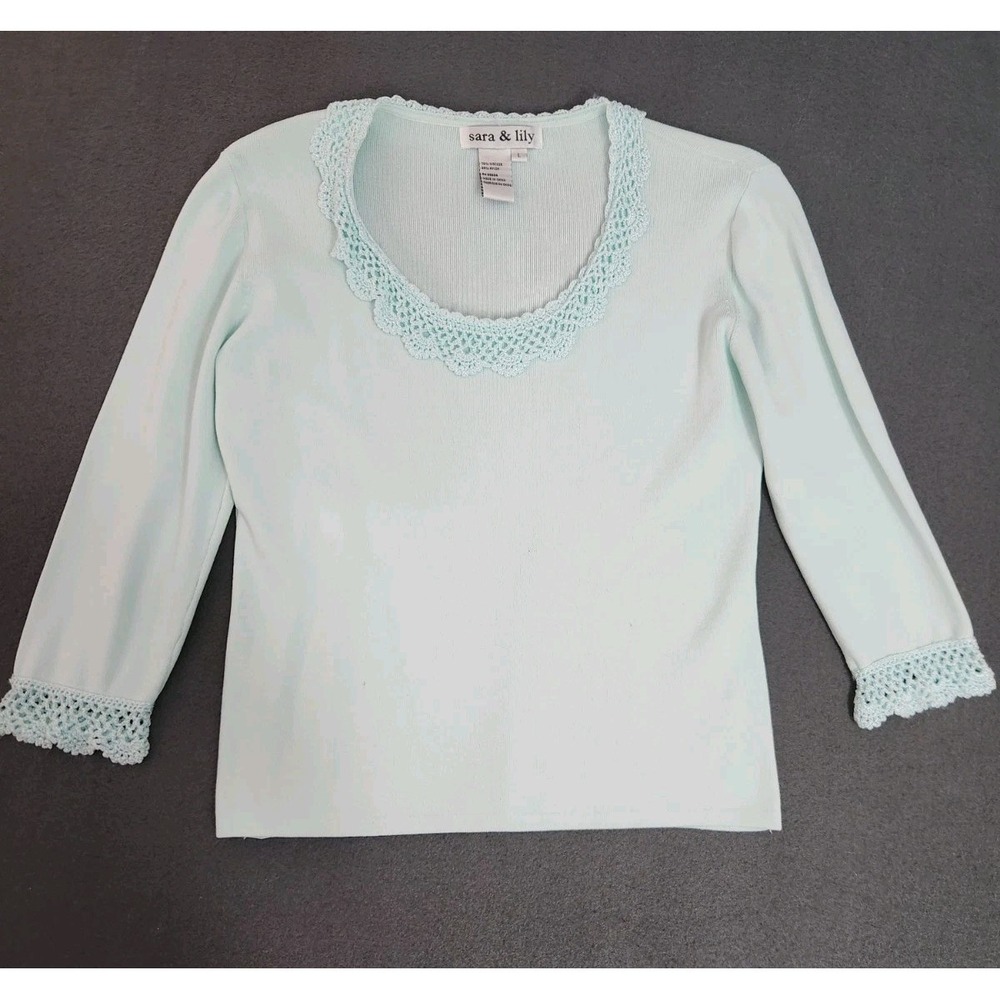 Y2K Cottagecore Fairy Whimsy Crochet Trim Sara & Lily Pale Blue Sweater Top Sz L
